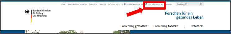 Abbildung der Startseite www.gesundheitsforschung-bmbf.de. Auswahl-Leiste mit Feld Leichte Sprache.