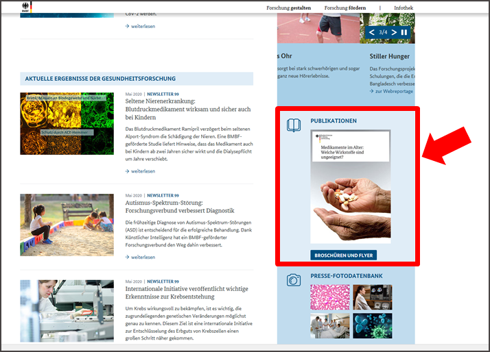 Abbildung der Startseite www.gesundheitsforschung-bmbf.de. Rubrik Publikationen.